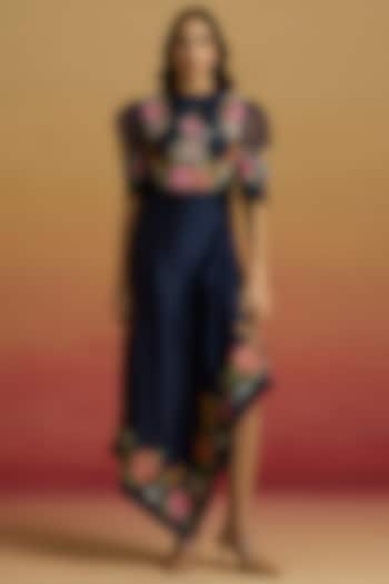 Indigo Chanderi Floral Thread Work Asymmetric Cocktail Dress by Chandrima at Pernia's Pop Up Shop