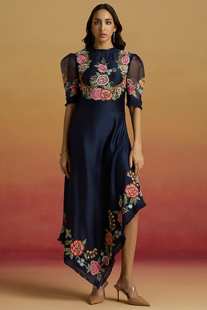Indigo Chanderi Floral Thread Work Asymmetric Cocktail Dress by Chandrima at Pernia's Pop Up Shop