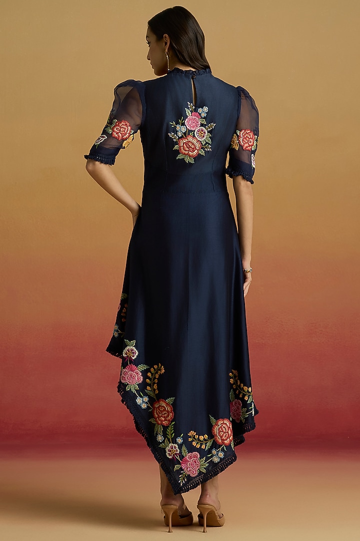 Indigo Chanderi Floral Thread Work Asymmetric Cocktail Dress by Chandrima at Pernia's Pop Up Shop