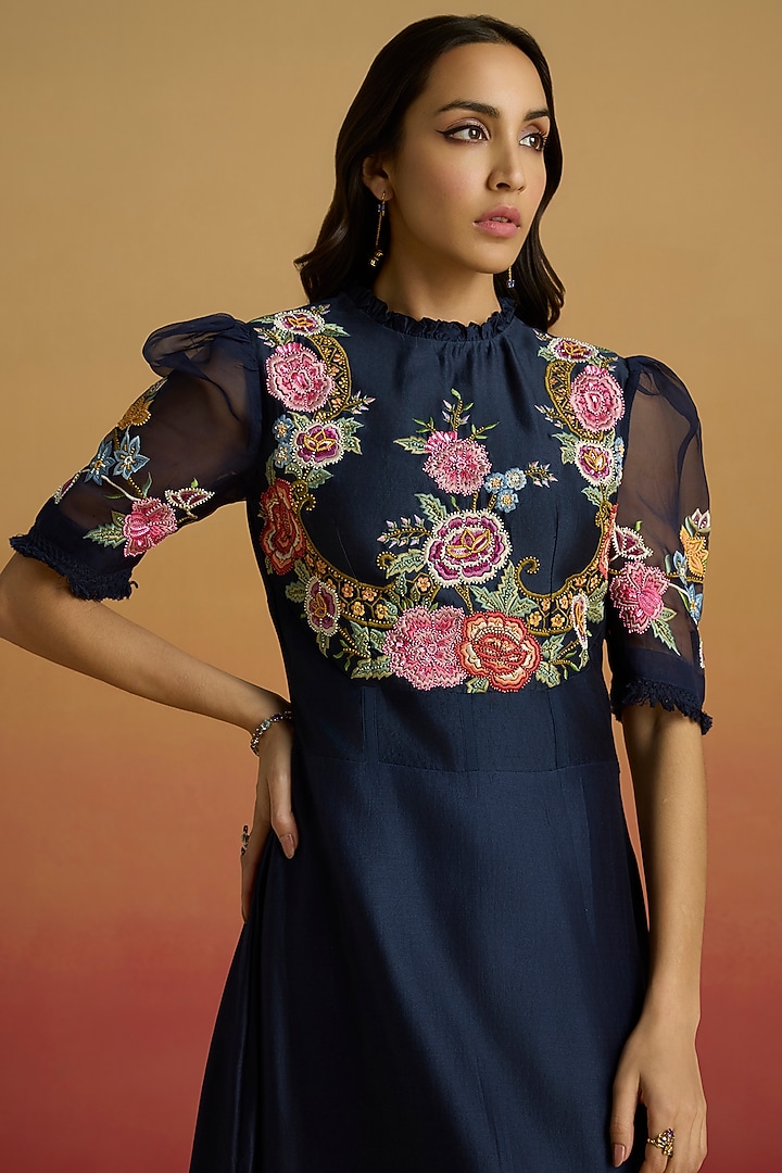 Indigo Chanderi Floral Thread Work Asymmetric Cocktail Dress by Chandrima at Pernia's Pop Up Shop