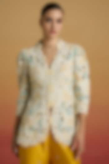 Ivory Chanderi Beadwork Peplum Jacket by Chandrima at Pernia's Pop Up Shop