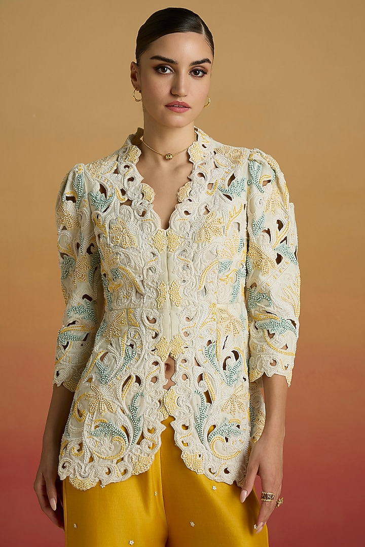 Ivory Chanderi Beadwork Peplum Jacket by Chandrima at Pernia's Pop Up Shop