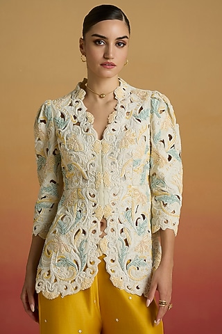 Ivory Chanderi Beadwork Peplum Jacket by Chandrima
