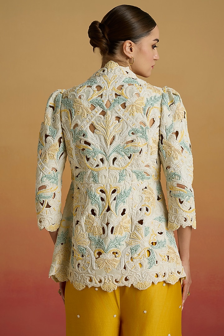 Ivory Chanderi Beadwork Peplum Jacket by Chandrima at Pernia's Pop Up Shop