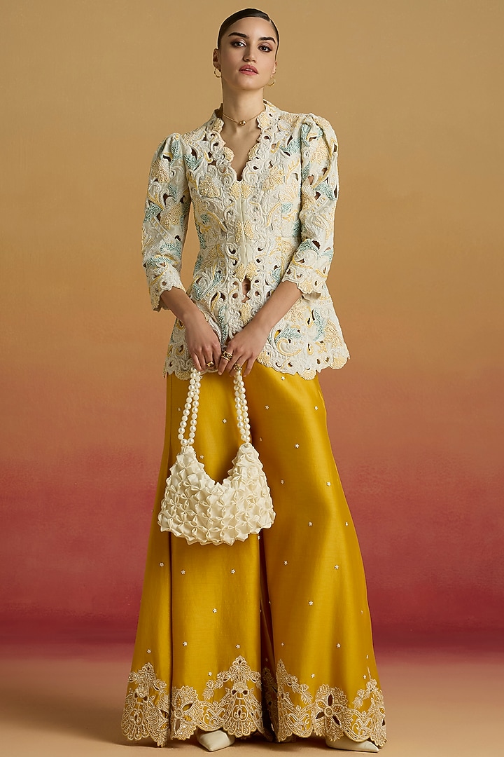 Ivory Chanderi Beadwork Peplum Jacket by Chandrima at Pernia's Pop Up Shop