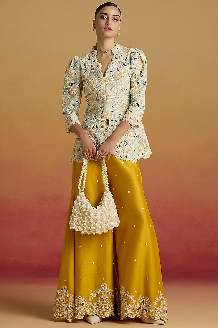 Yellow Chanderi Cutwork Sharara Pants by Chandrima at Pernia's Pop Up Shop