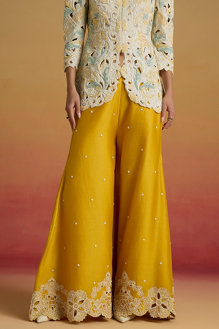 Yellow Chanderi Cutwork Sharara Pants by Chandrima at Pernia's Pop Up Shop