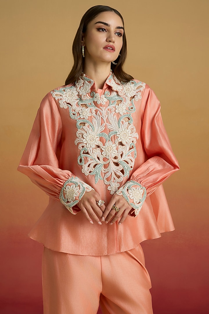 Apricot Chanderi Cord Work Shirt by Chandrima at Pernia's Pop Up Shop