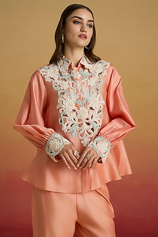 Apricot Chanderi Cord Work Shirt by Chandrima
