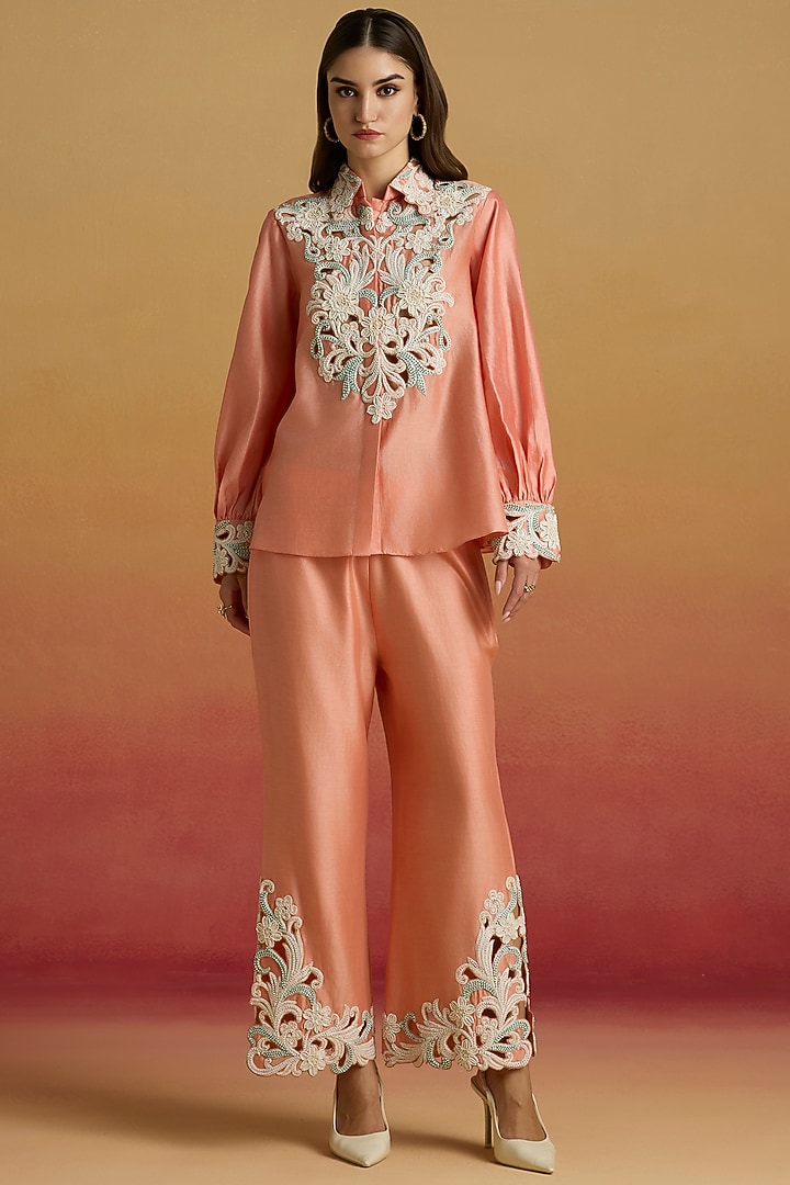 Apricot Chanderi Cord Work Shirt by Chandrima at Pernia's Pop Up Shop