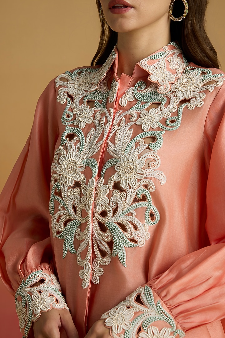 Apricot Chanderi Cord Work Shirt by Chandrima at Pernia's Pop Up Shop