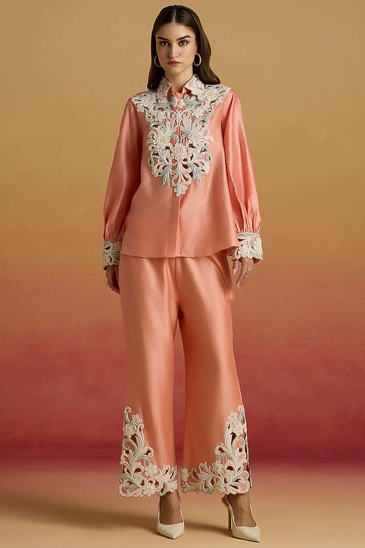 Apricot Chanderi Beadwork Pants by Chandrima at Pernia's Pop Up Shop