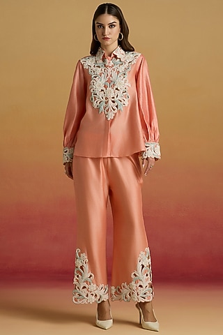 Apricot Chanderi Beadwork Pants by Chandrima