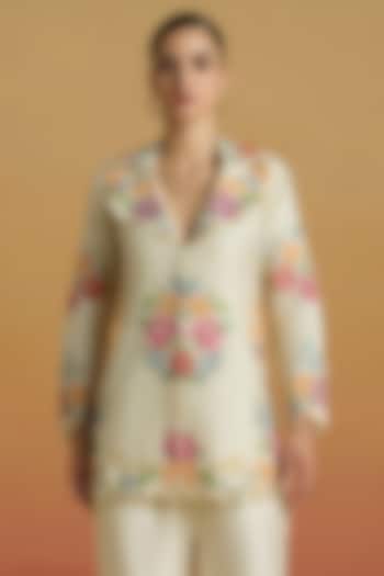Ivory Chanderi Floral Thread Work Flared Jacket by Chandrima at Pernia's Pop Up Shop