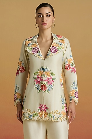 Ivory Chanderi Floral Thread Work Flared Jacket by Chandrima