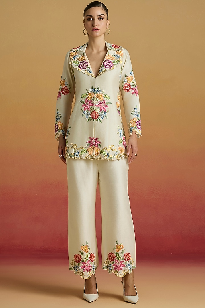 Ivory Chanderi Floral Thread Work Flared Jacket by Chandrima at Pernia's Pop Up Shop