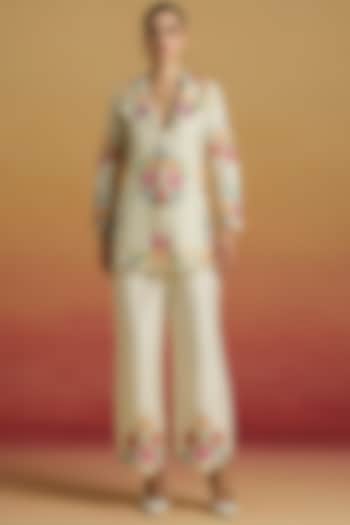 Ivory Chanderi Floral Thread Work Pants by Chandrima at Pernia's Pop Up Shop