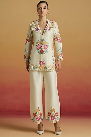Ivory Chanderi Floral Thread Work Pants by Chandrima
