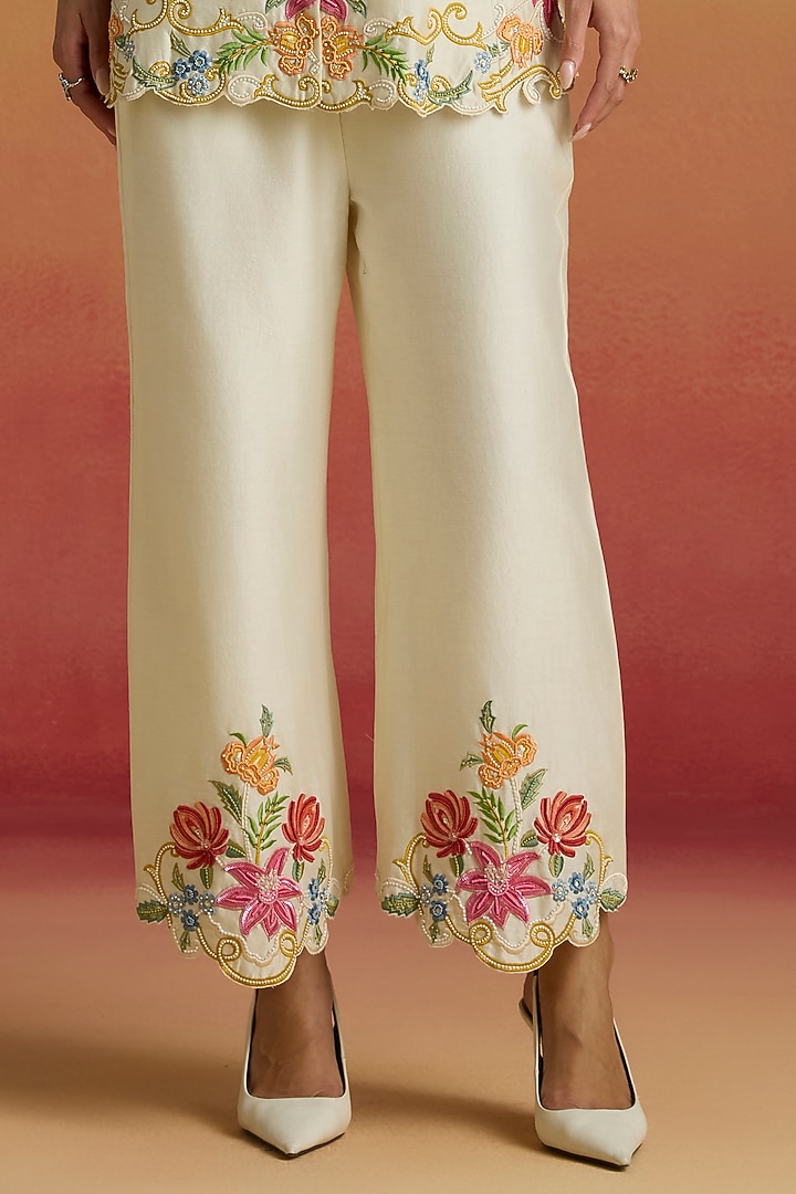 Ivory Chanderi Floral Thread Work Pants by Chandrima at Pernia's Pop Up Shop