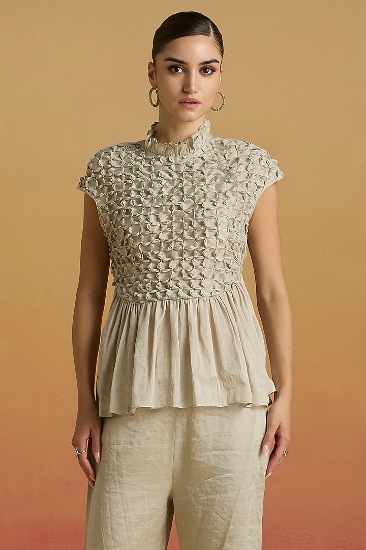 Silver Tissue Beaded Work Smocked Top by Chandrima at Pernia's Pop Up Shop