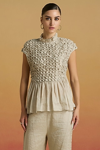 Silver Tissue Beaded Work Smocked Top by Chandrima