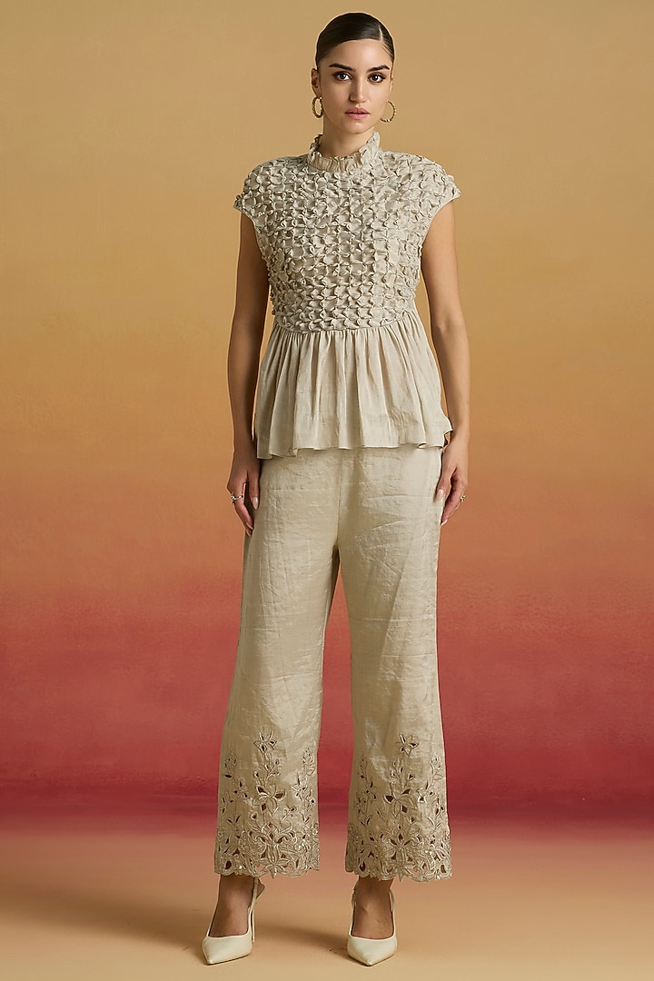 Silver Tissue Beaded Work Smocked Top by Chandrima at Pernia's Pop Up Shop