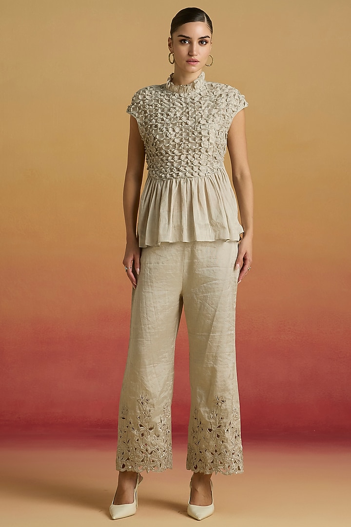 Silver Tissue Cutwork Straight Pants by Chandrima at Pernia's Pop Up Shop