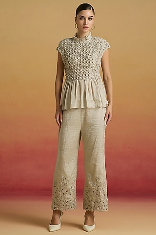 Silver Tissue Cutwork Straight Pants by Chandrima