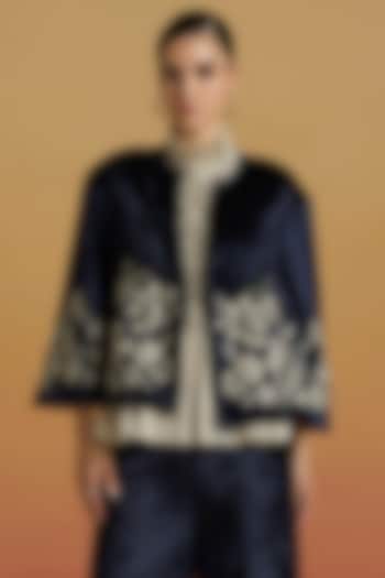 Indigo Silk Velvet Bead Work Short Jacket by Chandrima at Pernia's Pop Up Shop