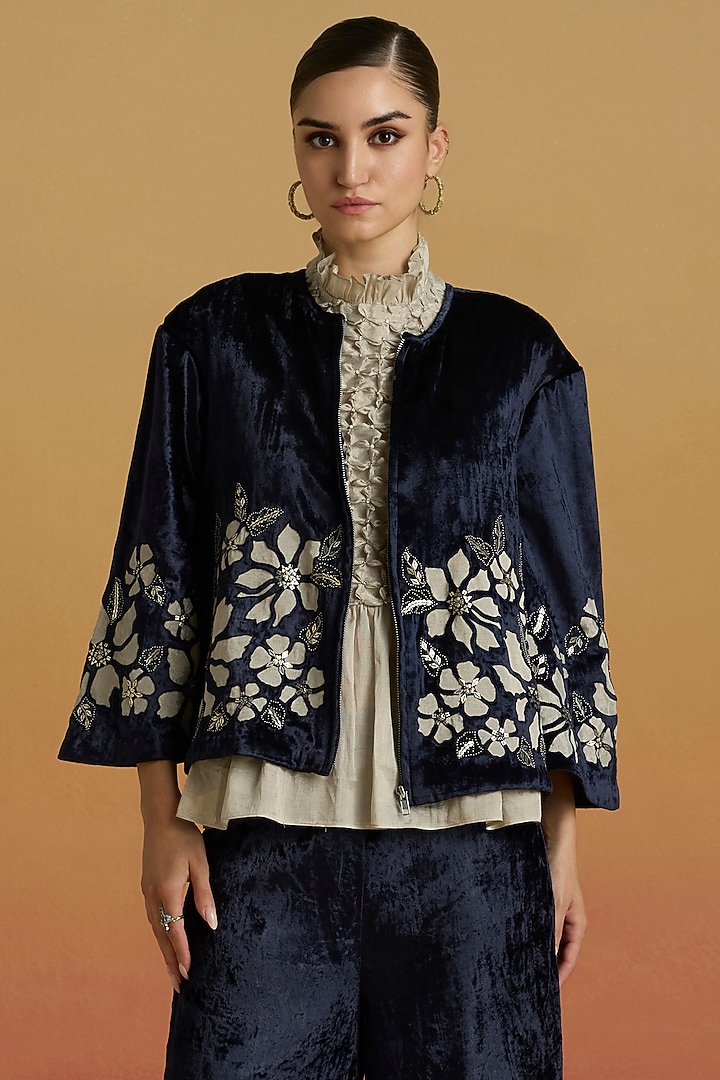 Indigo Silk Velvet Bead Work Short Jacket by Chandrima at Pernia's Pop Up Shop