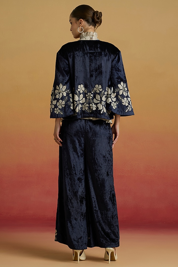 Indigo Silk Velvet Bead Work Short Jacket by Chandrima at Pernia's Pop Up Shop