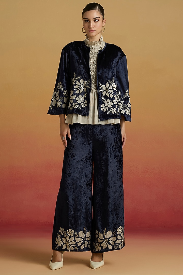 Indigo Silk Velvet Bead Work Short Jacket by Chandrima at Pernia's Pop Up Shop