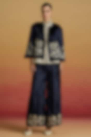 Indigo Silk Velvet Bead Work Flared Pants by Chandrima at Pernia's Pop Up Shop