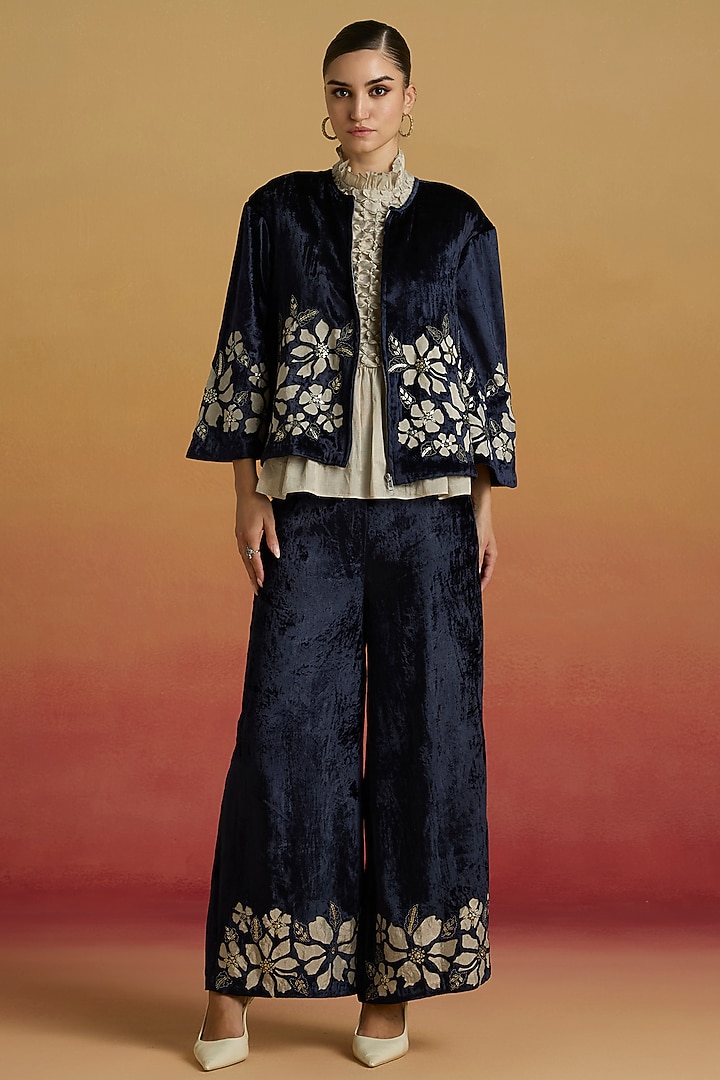 Indigo Silk Velvet Bead Work Flared Pants by Chandrima at Pernia's Pop Up Shop