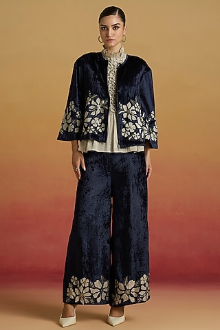 Indigo Silk Velvet Bead Work Flared Pants by Chandrima