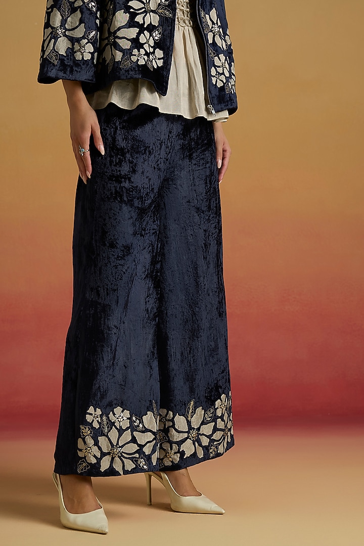 Indigo Silk Velvet Bead Work Flared Pants by Chandrima at Pernia's Pop Up Shop