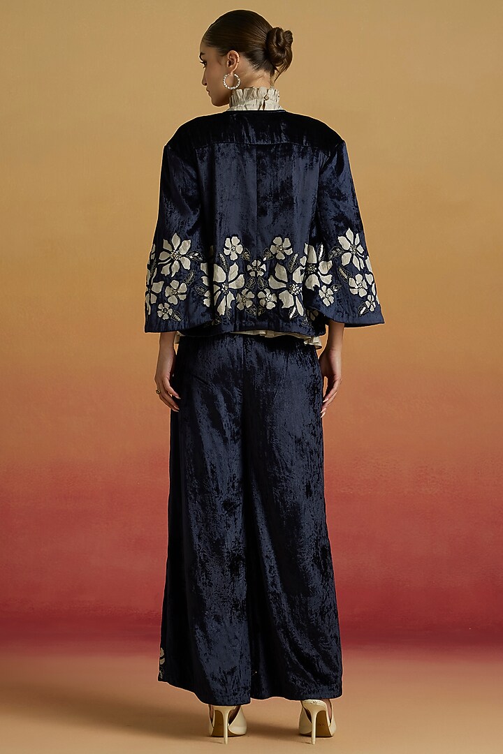 Indigo Silk Velvet Bead Work Flared Pants by Chandrima at Pernia's Pop Up Shop