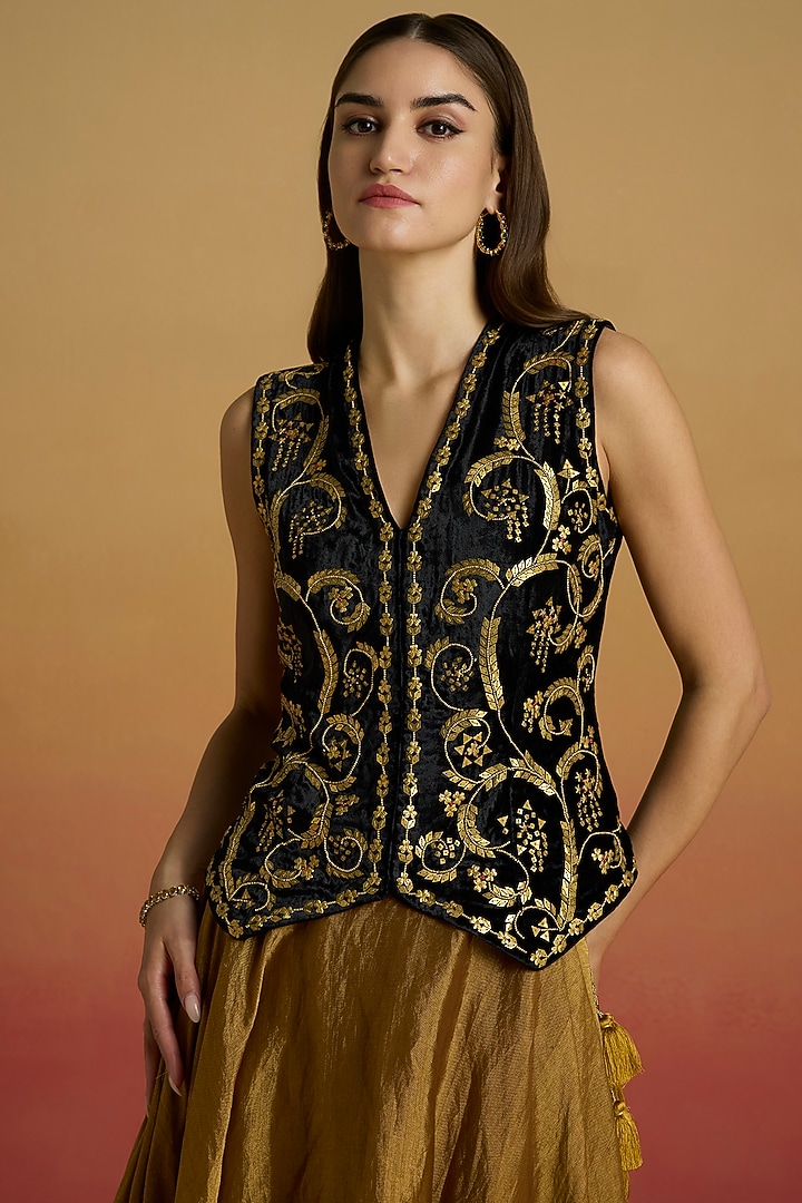 Black Silk Velvet Embellished Waistcoat by Chandrima at Pernia's Pop Up Shop