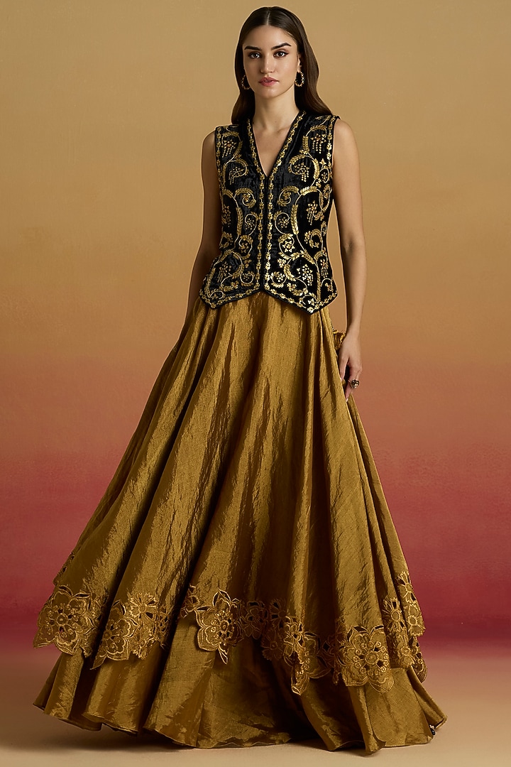 Gold Tissue Cutwork Layered Wedding Lehenga by Chandrima at Pernia's Pop Up Shop
