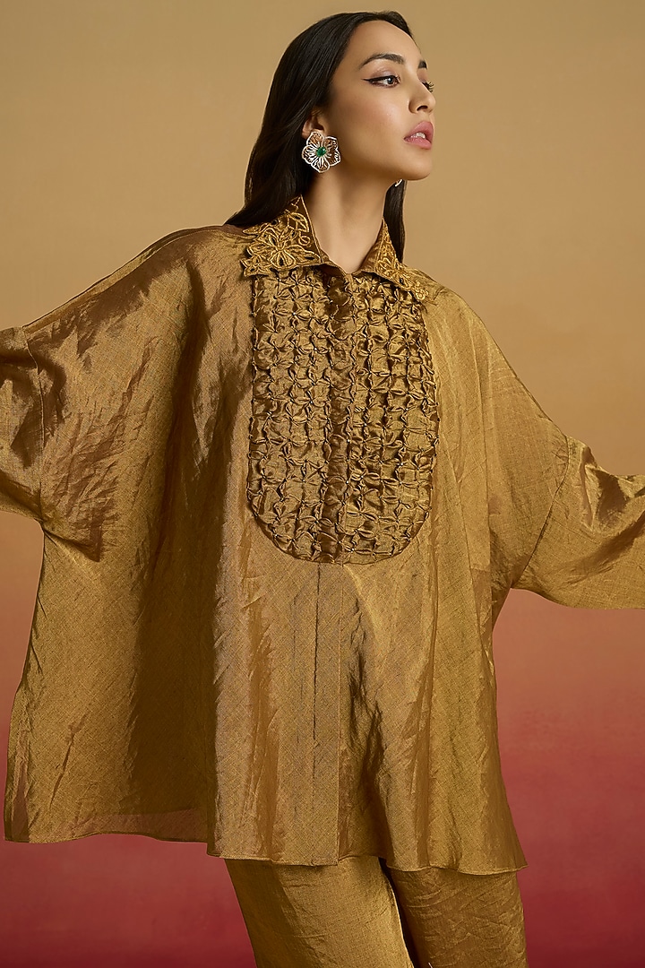 Gold Tissue Smocked Shirt by Chandrima at Pernia's Pop Up Shop