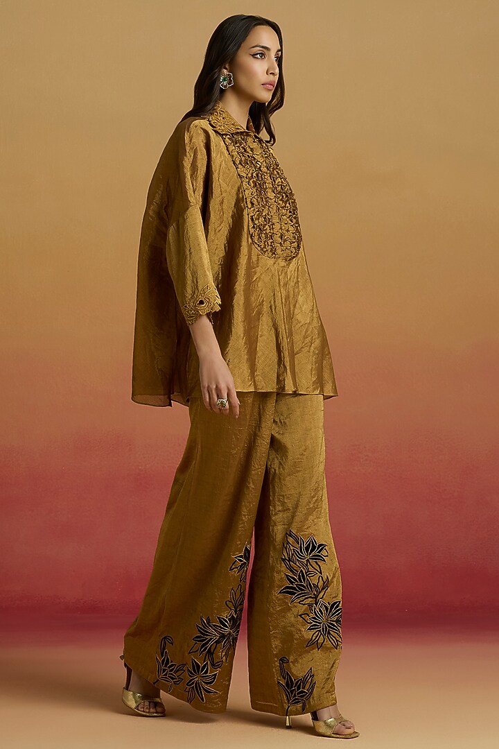 Gold Tissue Smocked Shirt by Chandrima at Pernia's Pop Up Shop