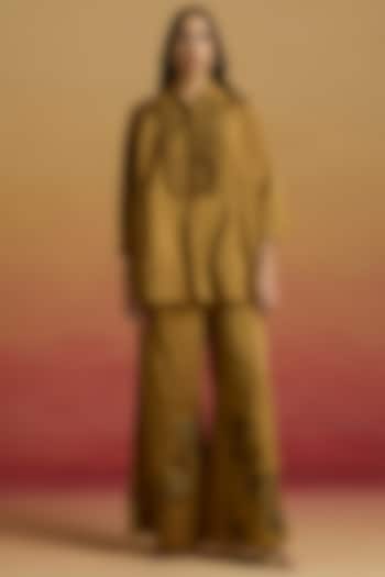 Gold Tissue Applique Work Flared Pants by Chandrima at Pernia's Pop Up Shop