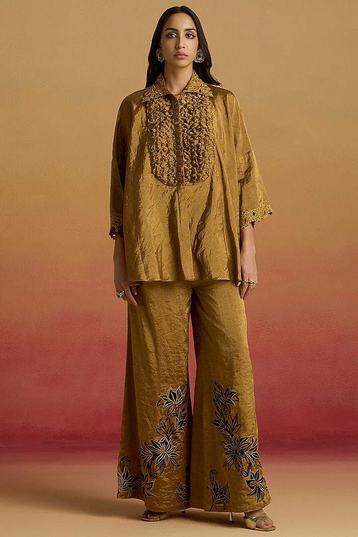 Gold Tissue Applique Work Flared Pants by Chandrima at Pernia's Pop Up Shop