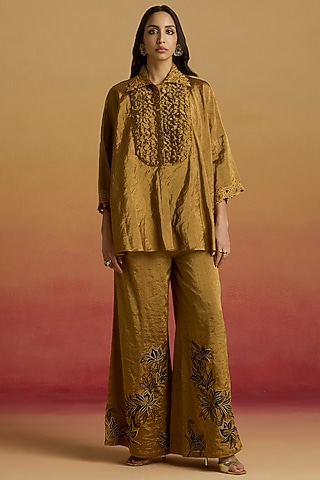 Gold Tissue Applique Work Flared Pants by Chandrima