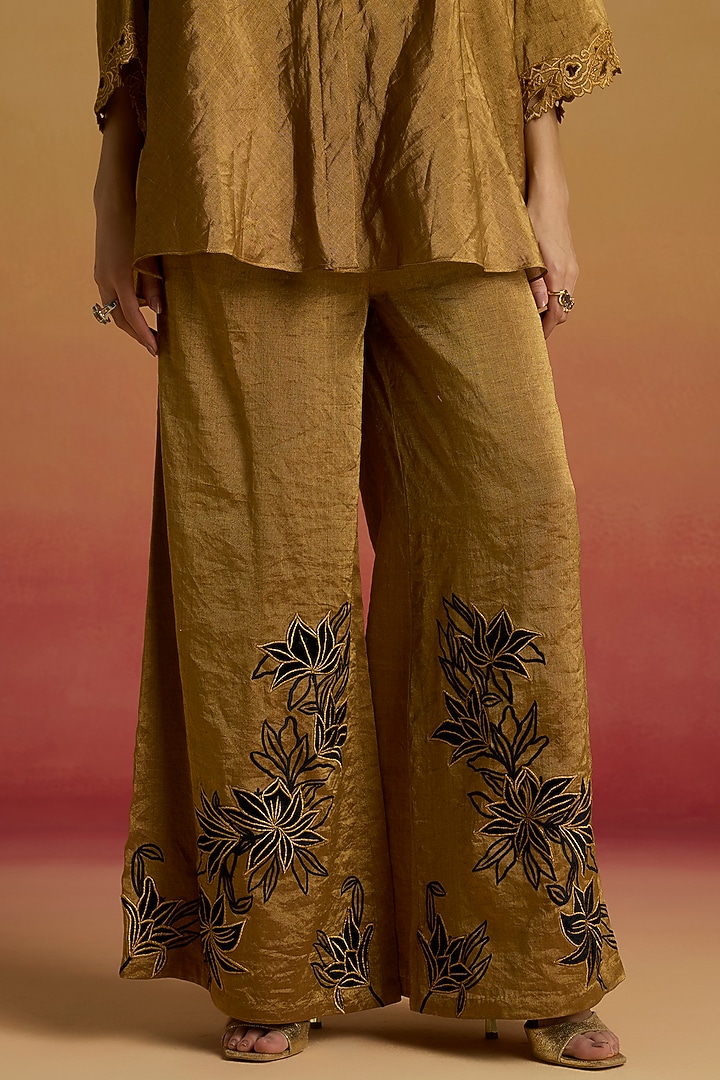 Gold Tissue Applique Work Flared Pants by Chandrima at Pernia's Pop Up Shop