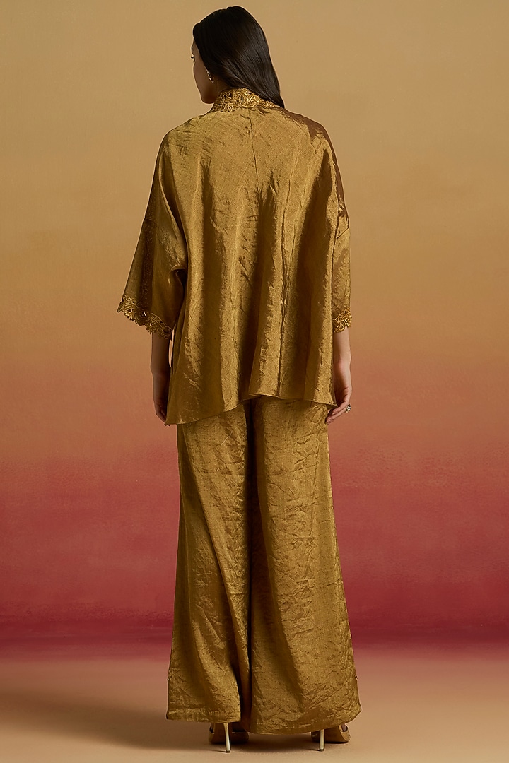 Gold Tissue Applique Work Flared Pants by Chandrima at Pernia's Pop Up Shop
