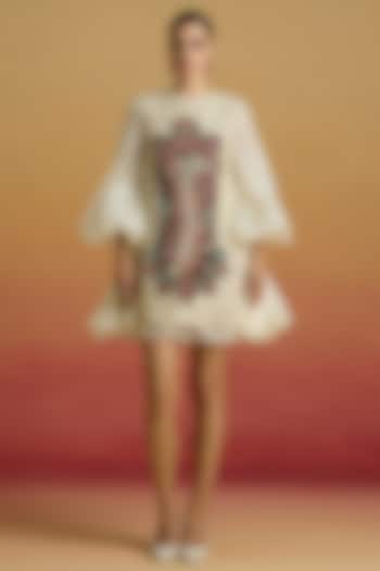 Ivory Chanderi & Silk Organza Applique Work Layered Party Wear Dress by Chandrima at Pernia's Pop Up Shop