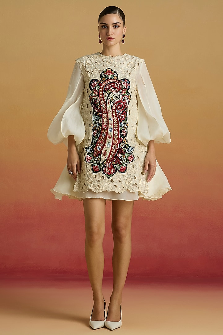 Ivory Chanderi & Silk Organza Applique Work Layered Party Wear Dress by Chandrima at Pernia's Pop Up Shop