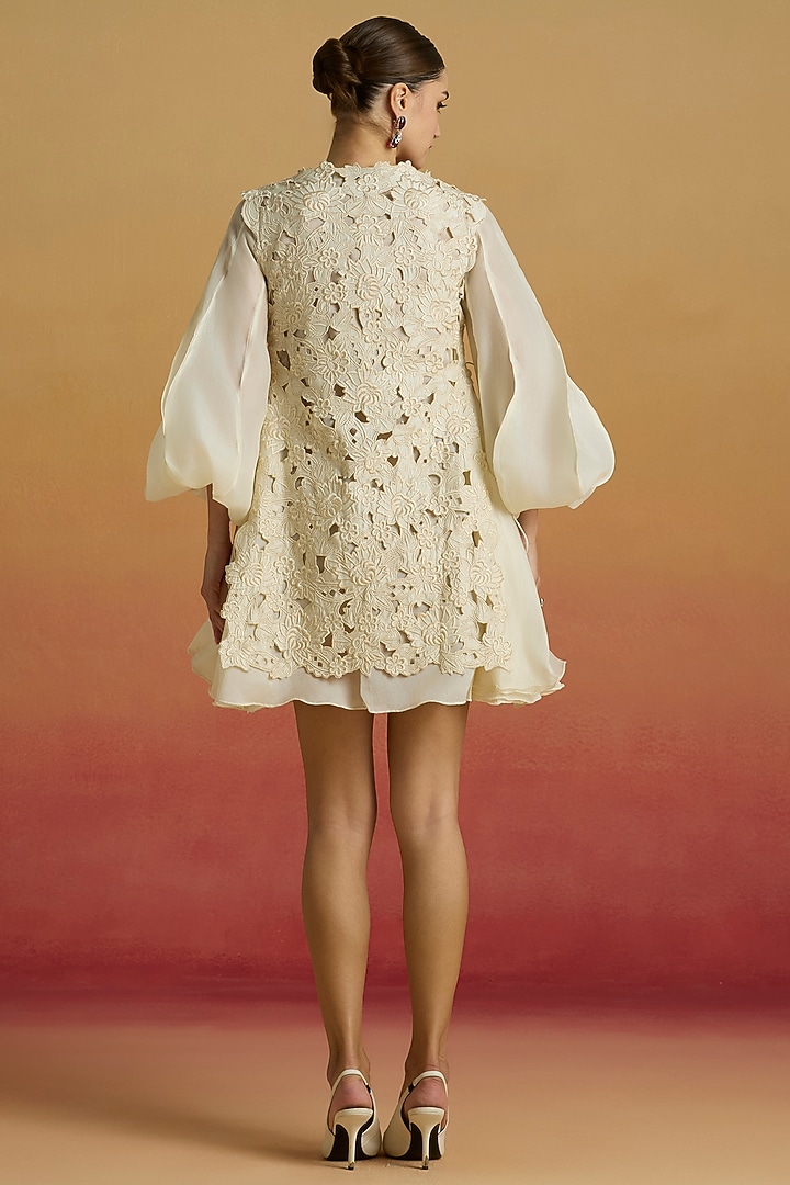 Ivory Chanderi & Silk Organza Applique Work Layered Party Wear Dress by Chandrima at Pernia's Pop Up Shop