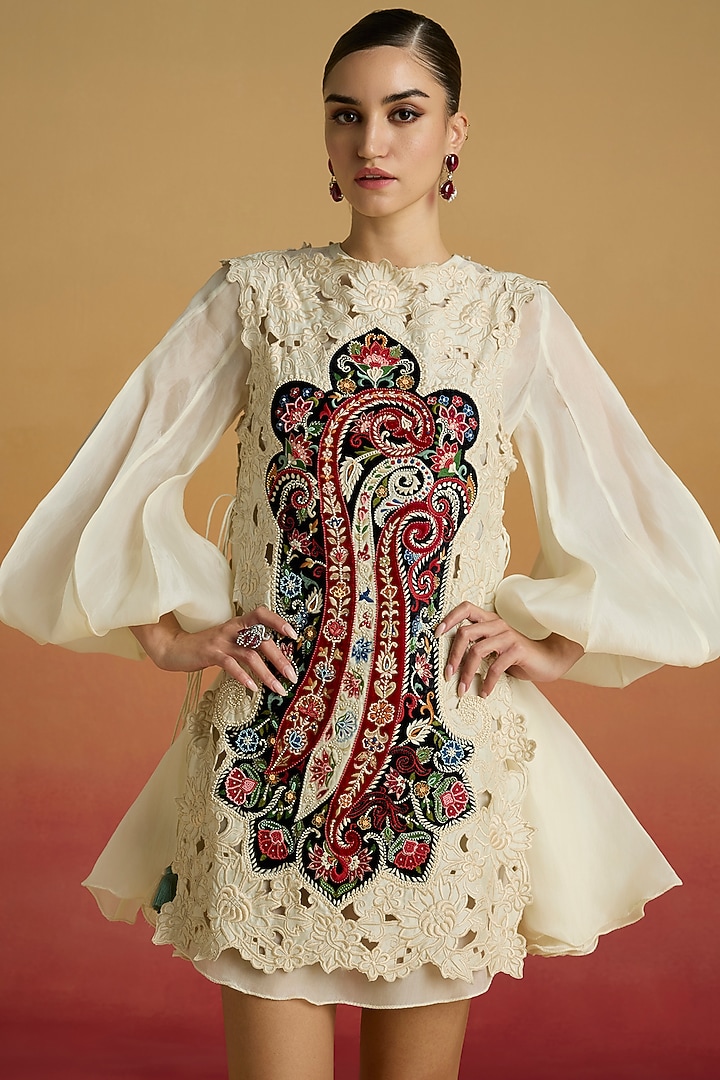 Ivory Chanderi & Silk Organza Applique Work Layered Party Wear Dress by Chandrima at Pernia's Pop Up Shop